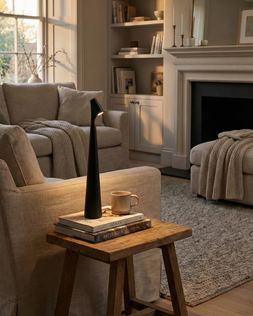 NORA cordless designer table lamp shown on a bedside table in a modern bedroom — DecoHarmonie