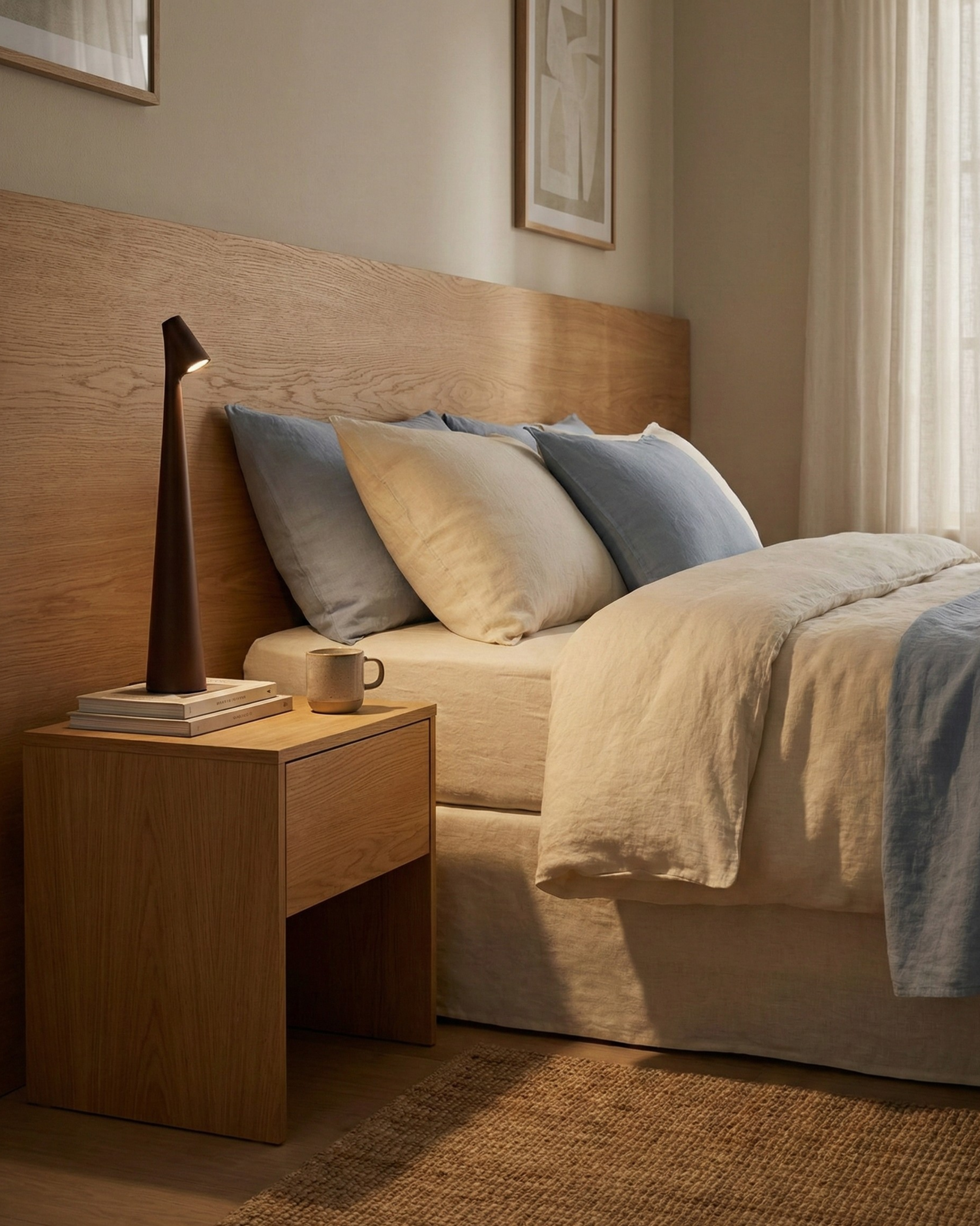 NORA cordless designer table lamp in a warm, considered living room setting — DecoHarmonie