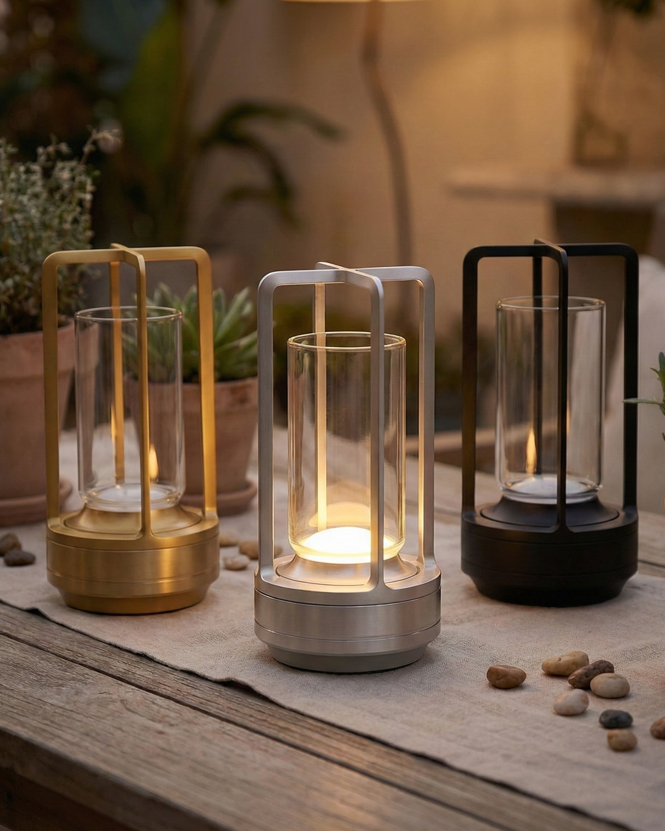 RUNA cordless designer table lamp casting warm ambient light over a coffee table — DecoHarmonie