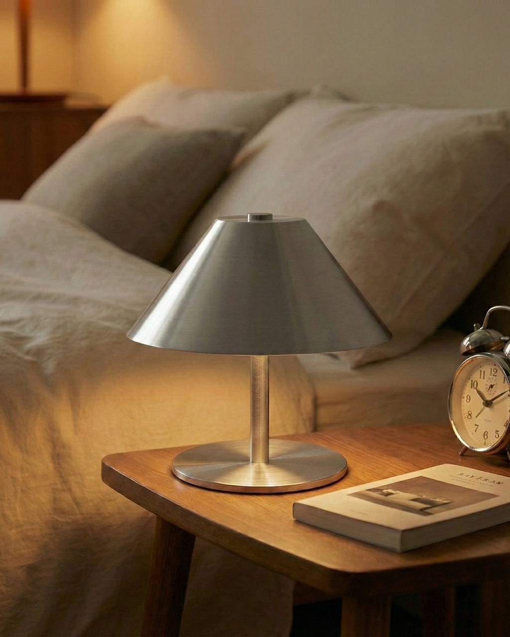 VARMA cordless designer table lamp shown on a bedside table in a modern bedroom — DecoHarmonie
