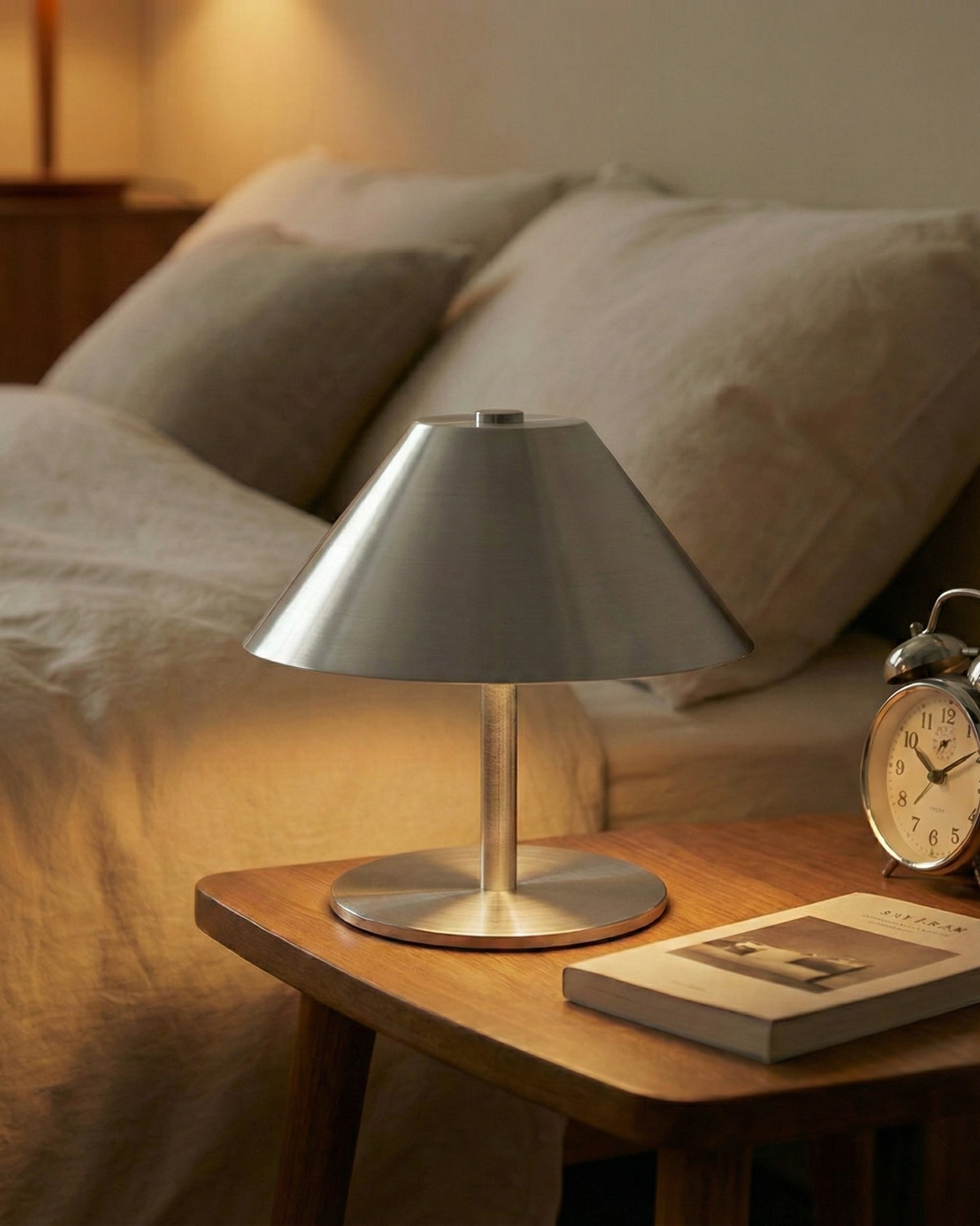 VARMA cordless designer table lamp shown on a bedside table in a modern bedroom — DecoHarmonie
