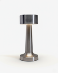 ELDA cordless table lamp with brushed silver metal column and cylindrical drum top, rechargeable | DecoHarmonie
