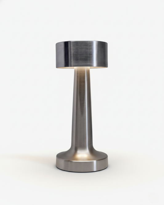 ELDA cordless table lamp with brushed silver metal column and cylindrical drum top, rechargeable | DecoHarmonie