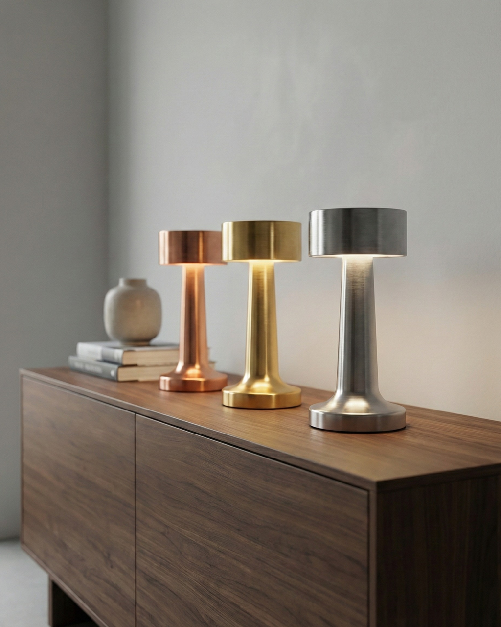 ELDA cordless designer table lamp casting warm ambient light over a coffee table — DecoHarmonie