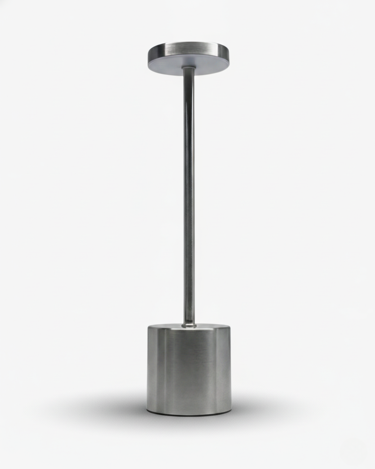 NOVA cordless table lamp, minimalist brushed steel cylinder base with slim stem and disc top, rechargeable designer | DecoHarmonie