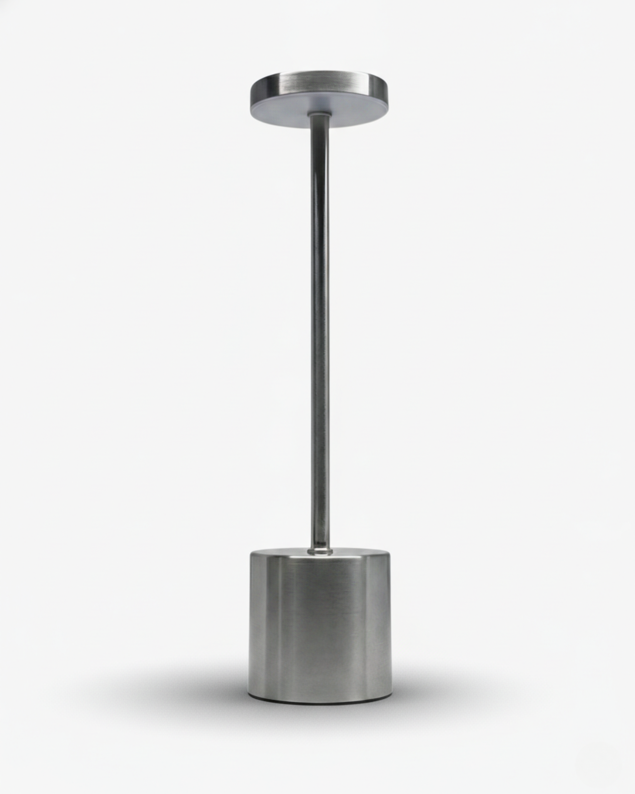 NOVA cordless table lamp, minimalist brushed steel cylinder base with slim stem and disc top, rechargeable designer | DecoHarmonie