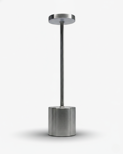 NOVA cordless table lamp, minimalist brushed steel cylinder base with slim stem and disc top, rechargeable designer | DecoHarmonie