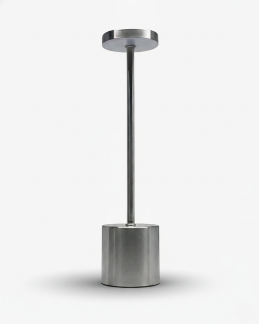 NOVA cordless table lamp, minimalist brushed steel cylinder base with slim stem and disc top, rechargeable designer | DecoHarmonie
