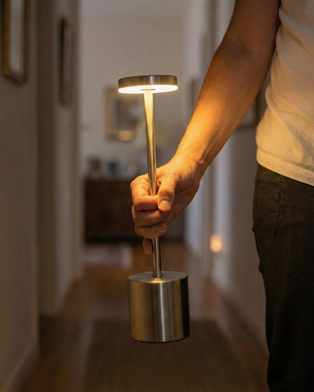 NOVA cordless designer table lamp casting warm ambient light over a coffee table — DecoHarmonie