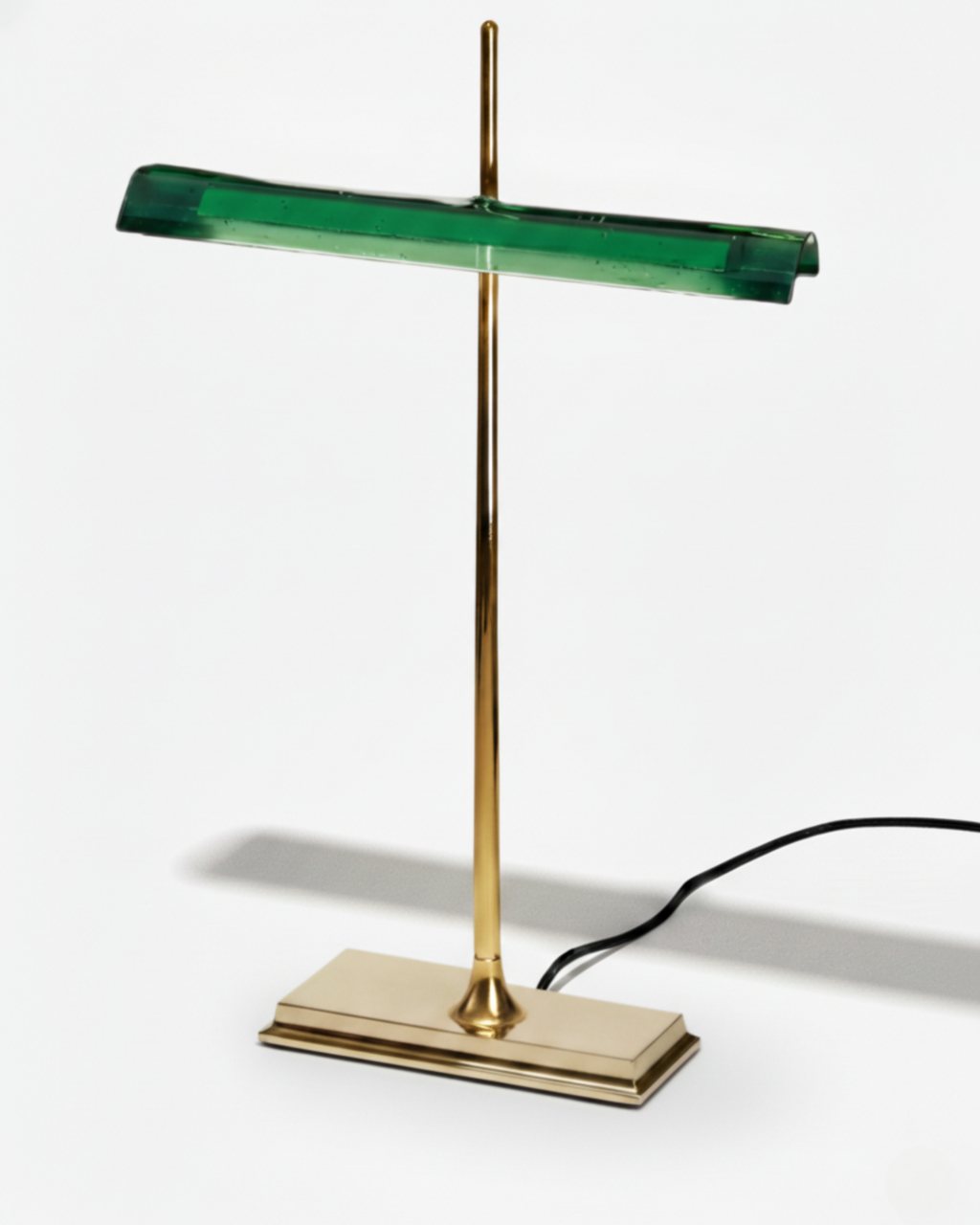 MONA banker desk lamp with emerald green glass shade and polished brass stem on rectangular base, designer lighting | DecoHarmonie