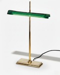 MONA banker desk lamp with emerald green glass shade and polished brass stem on rectangular base, designer lighting | DecoHarmonie