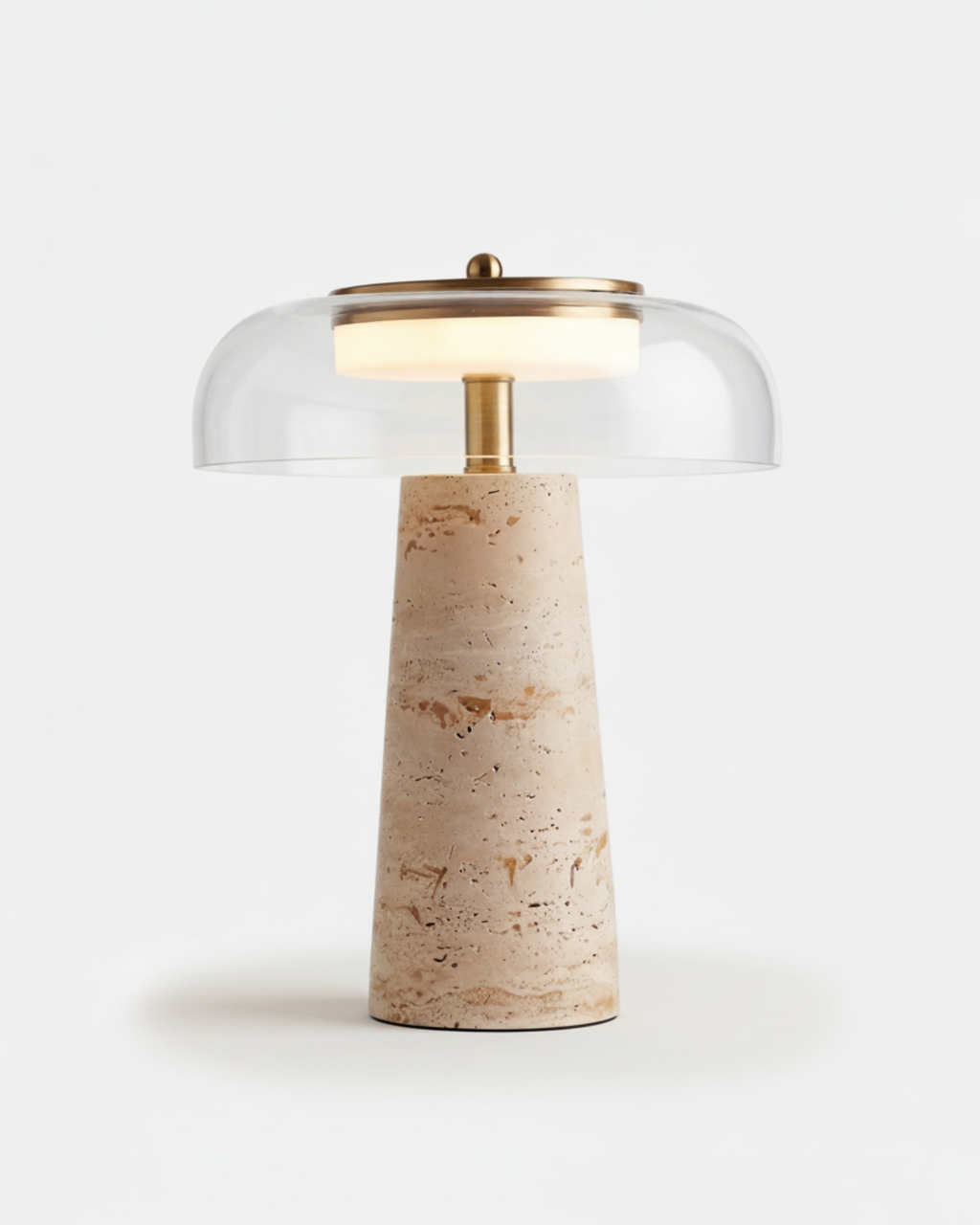 ZOA designer table lamp with tapered travertine base, clear glass dome shade and brass detail | DecoHarmonie