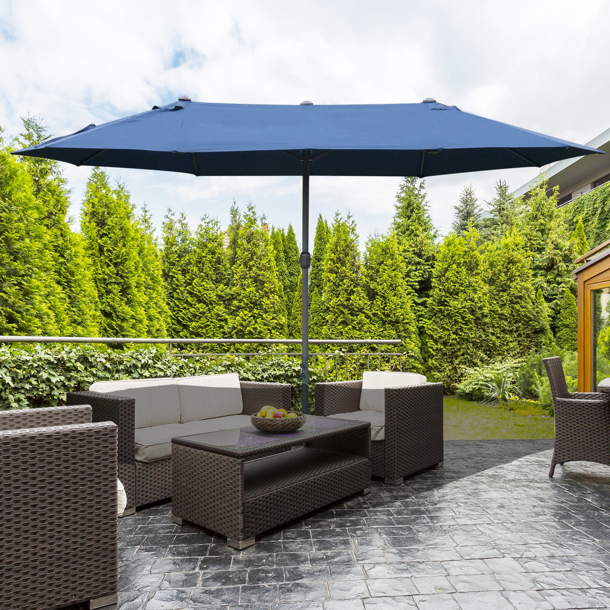 Double-Sided Sun Umbrella Canopy 4.6m Crank Shade with Cross Base, Dark Blue