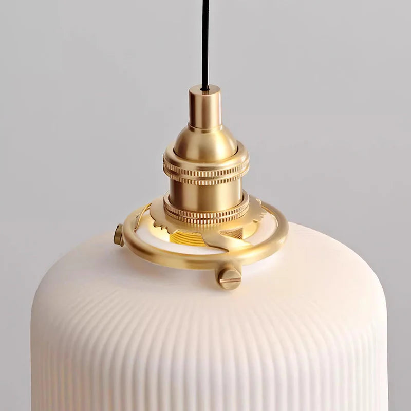 Hailie Pendant Light, Brass Details and White Ribbed Glass Shade