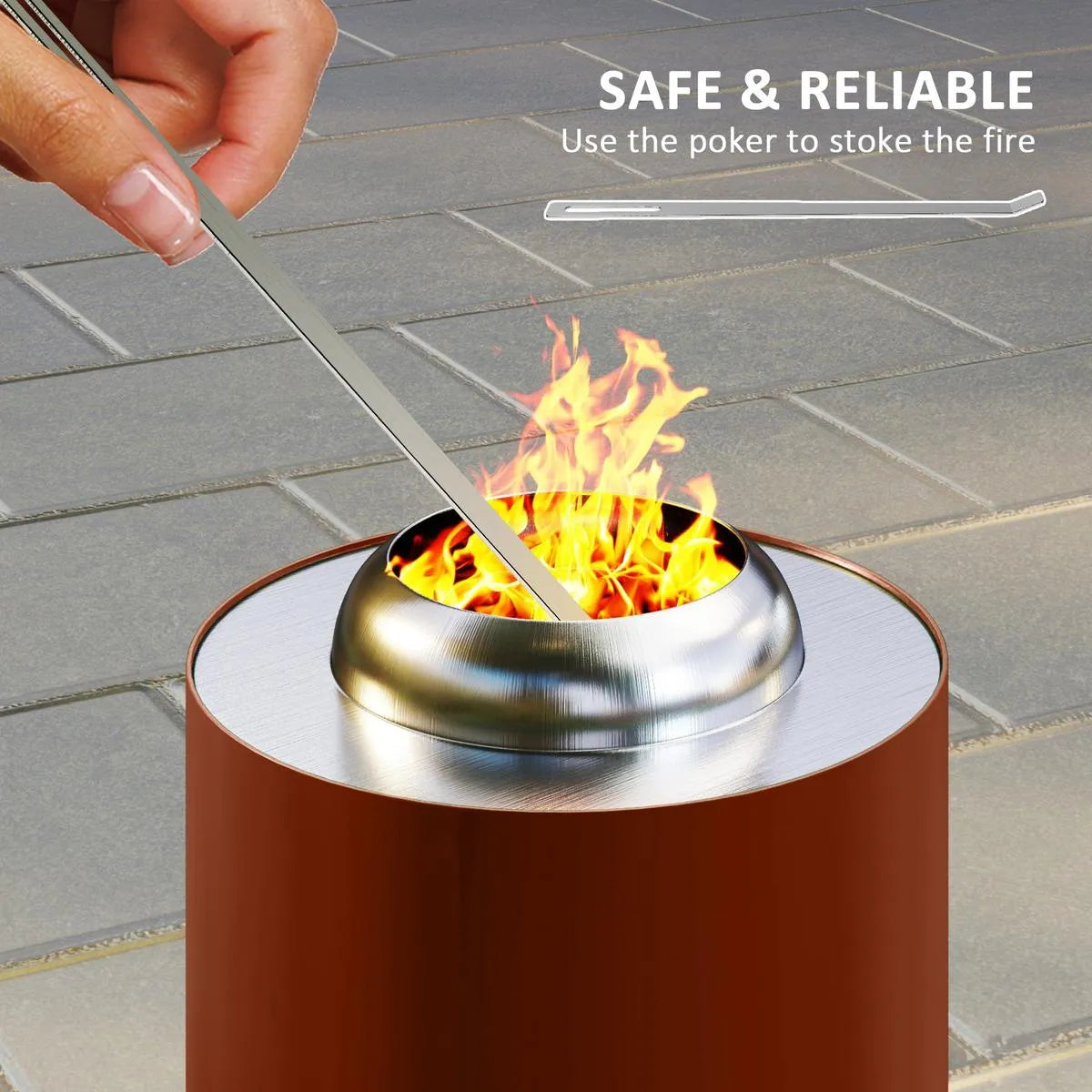Fire Pit Portable Stainless Steel, 16×16cm, Red with Poker for Garden Camping Bonfire Party, Smokeless Wood- or Pellet-Fuelled Tabletop