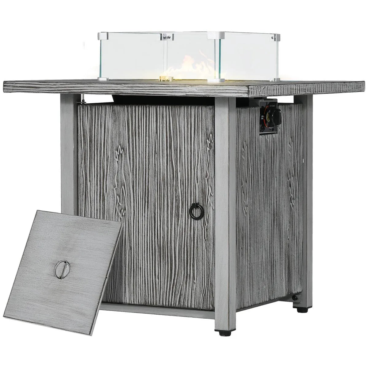 Gas Fire Pit Table, 50,000 TB, 71cm, Grey with Cover and Glass Screen