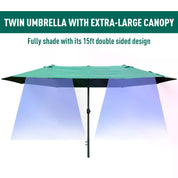 Double-Sided Sun Umbrella Canopy 4.6m Crank Shade with Cross Base, Dark Green