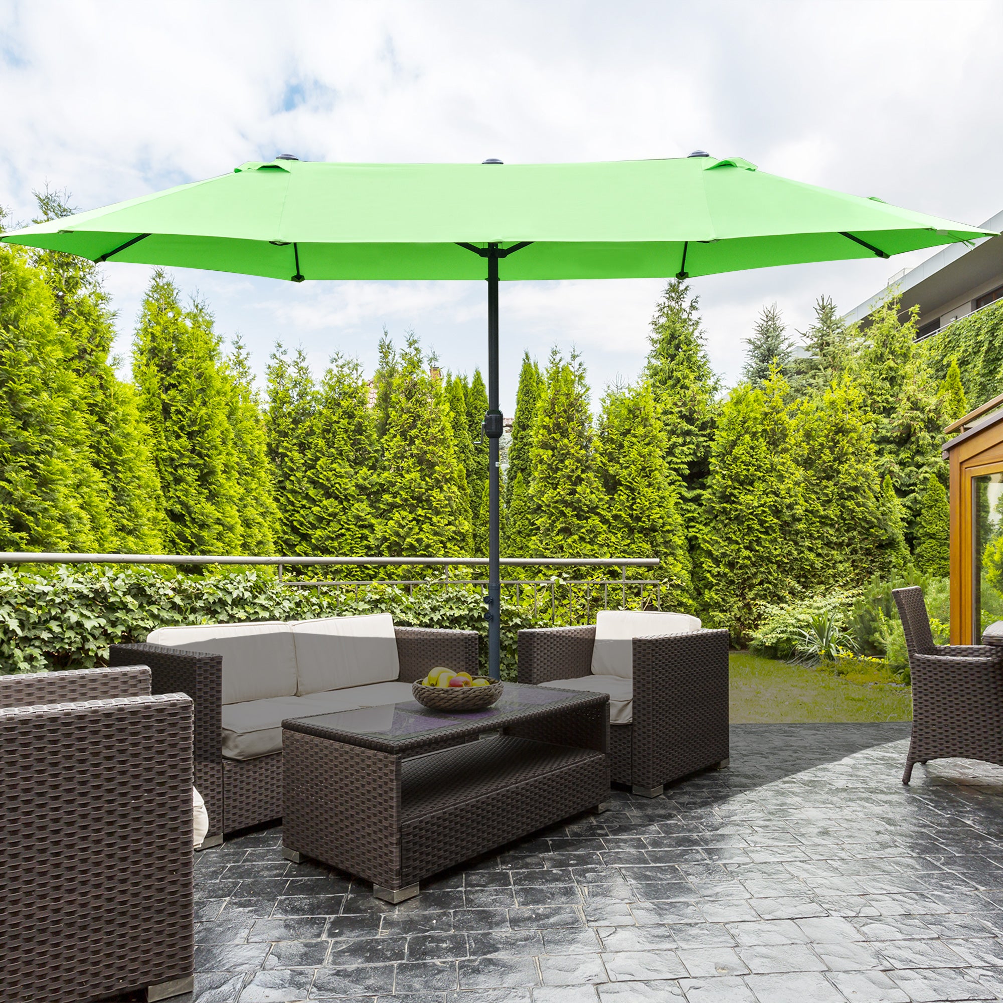 Double-Sided Sun Umbrella Canopy 4.6m Crank Shade with Cross Base, Green