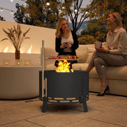 Fire Pit Portable Round, 58cm, Black with Grill Grate, Ash Catcher and Poker for Garden Camping Bonfire Picnic BBQ