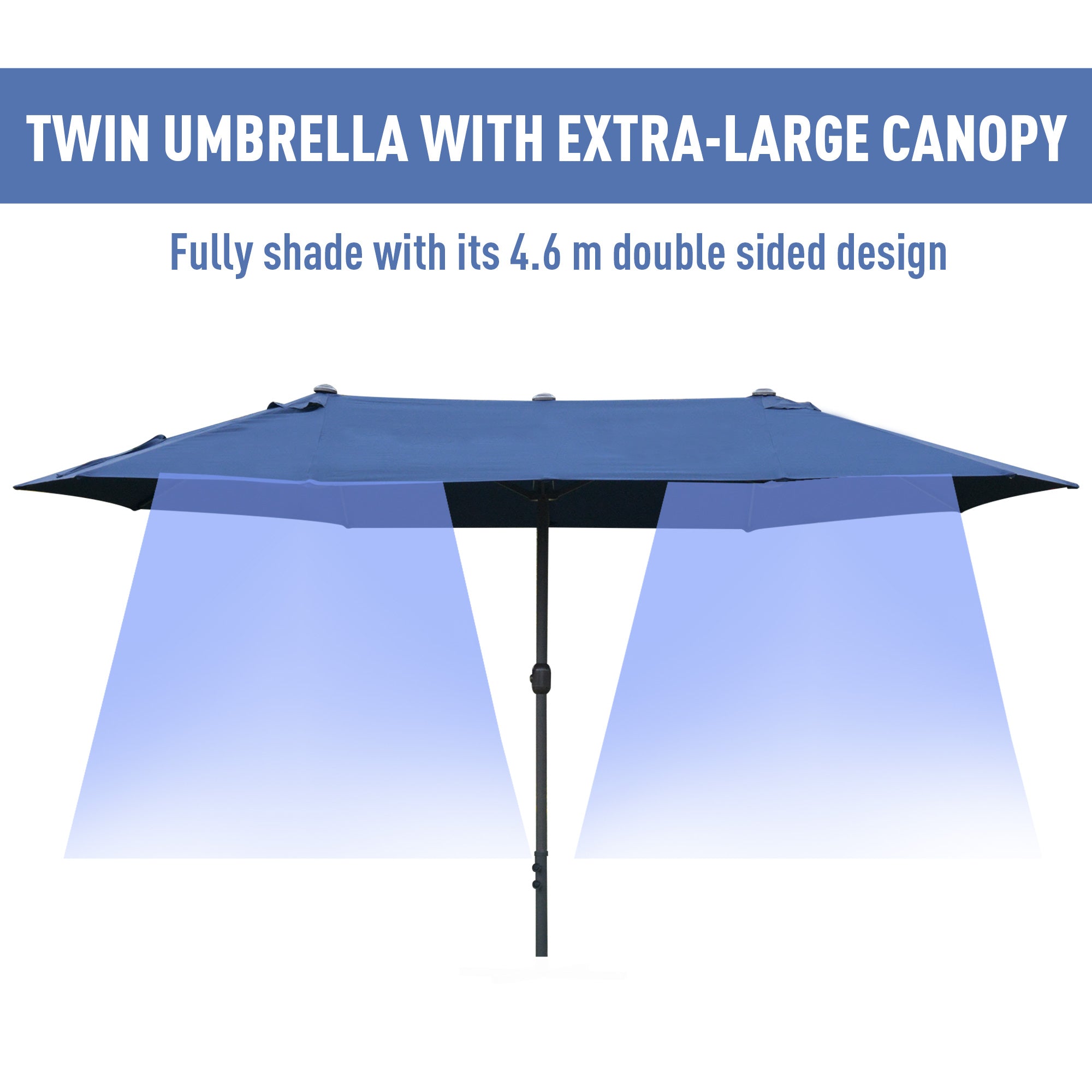 Double-Sided Sun Umbrella Canopy 4.6m Crank Shade with Cross Base, Dark Blue