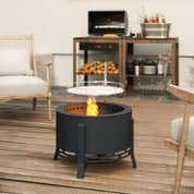 Fire Pit Portable Round, 58cm, Black with Grill Grate, Ash Catcher and Poker for Garden Camping Bonfire Picnic BBQ