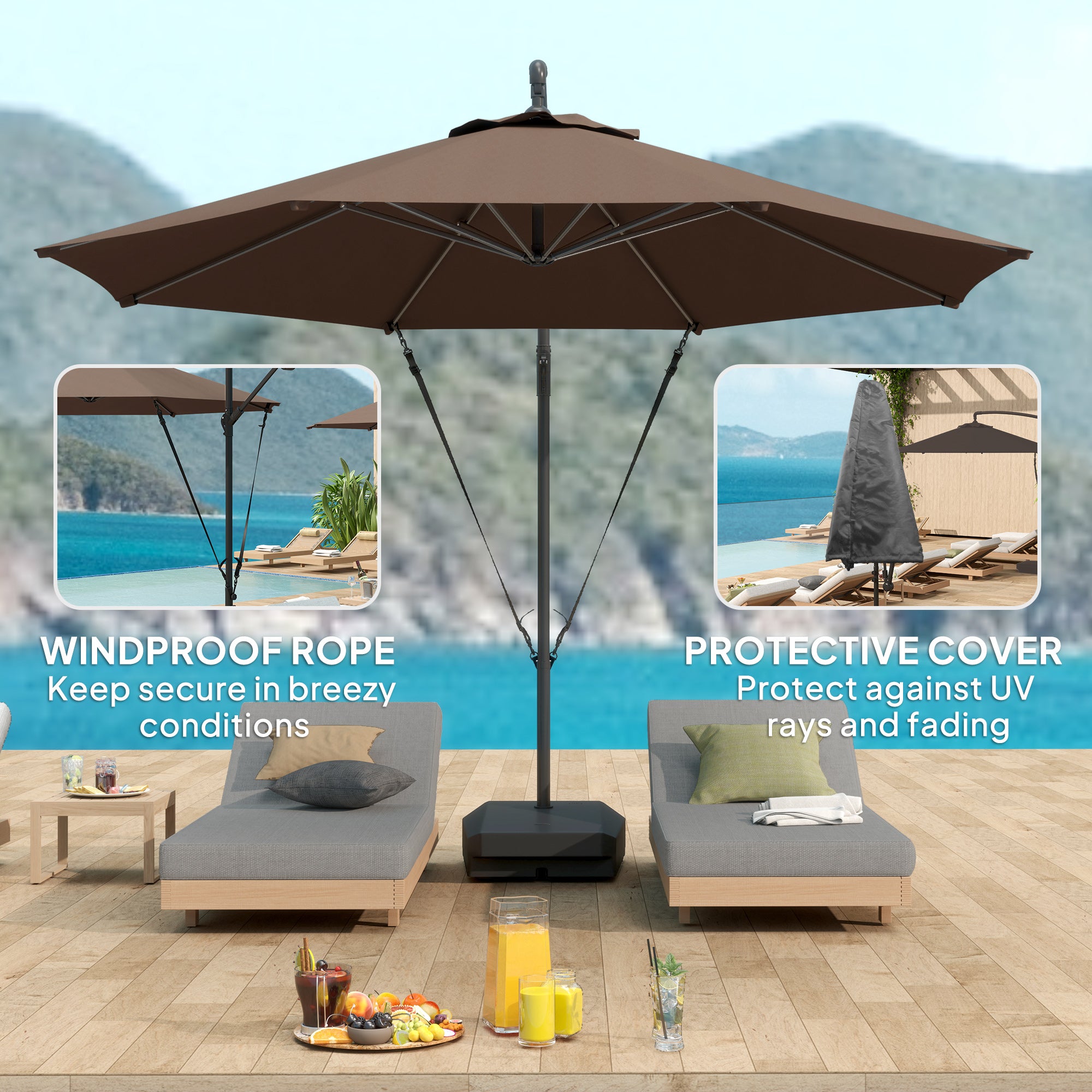 Garden Cantilever Parasol 3m with Fillable Base up to 90kg Wind Strap Cover Round Banana Hanging Umbrella Crank Tilt UPF50+, Brown