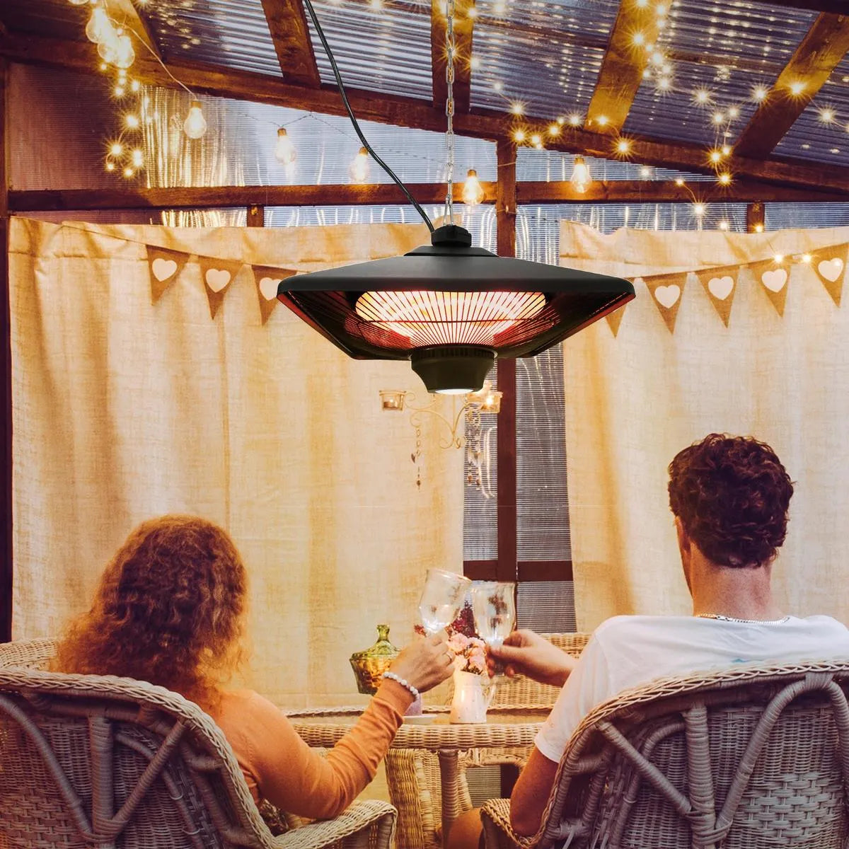 Hanging Electric Patio Heater 1000/2000W Waterproof Ceiling Mounted Aluminium Halogen Infrared Heater with LED Light Remote, Black