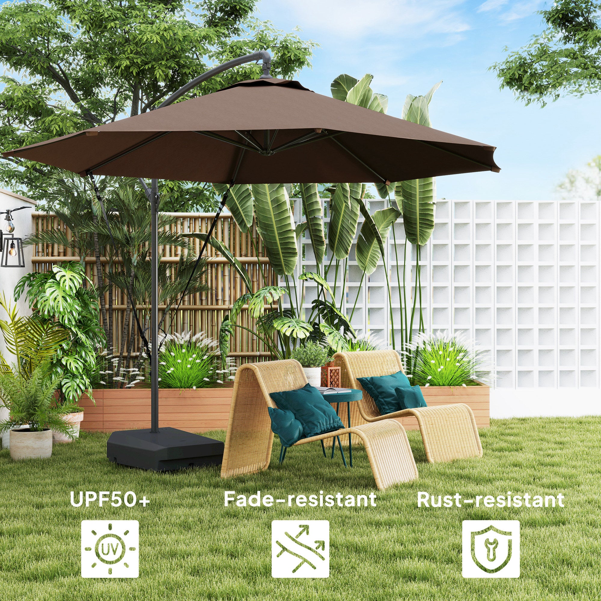 Garden Cantilever Parasol 3m with Fillable Base up to 90kg Wind Strap Cover Round Banana Hanging Umbrella Crank Tilt UPF50+, Brown