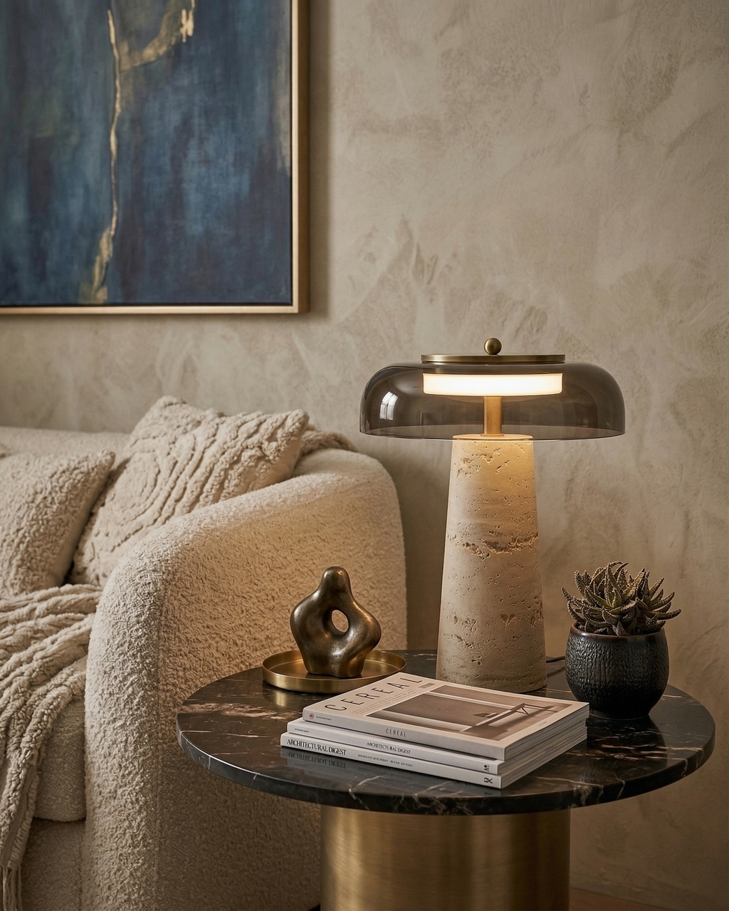 ZOA designer table lamp in a warm, considered living room setting — DecoHarmonie