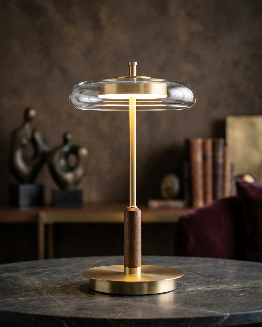 TOCRIS designer table lamp casting warm ambient light over a coffee table — DecoHarmonie