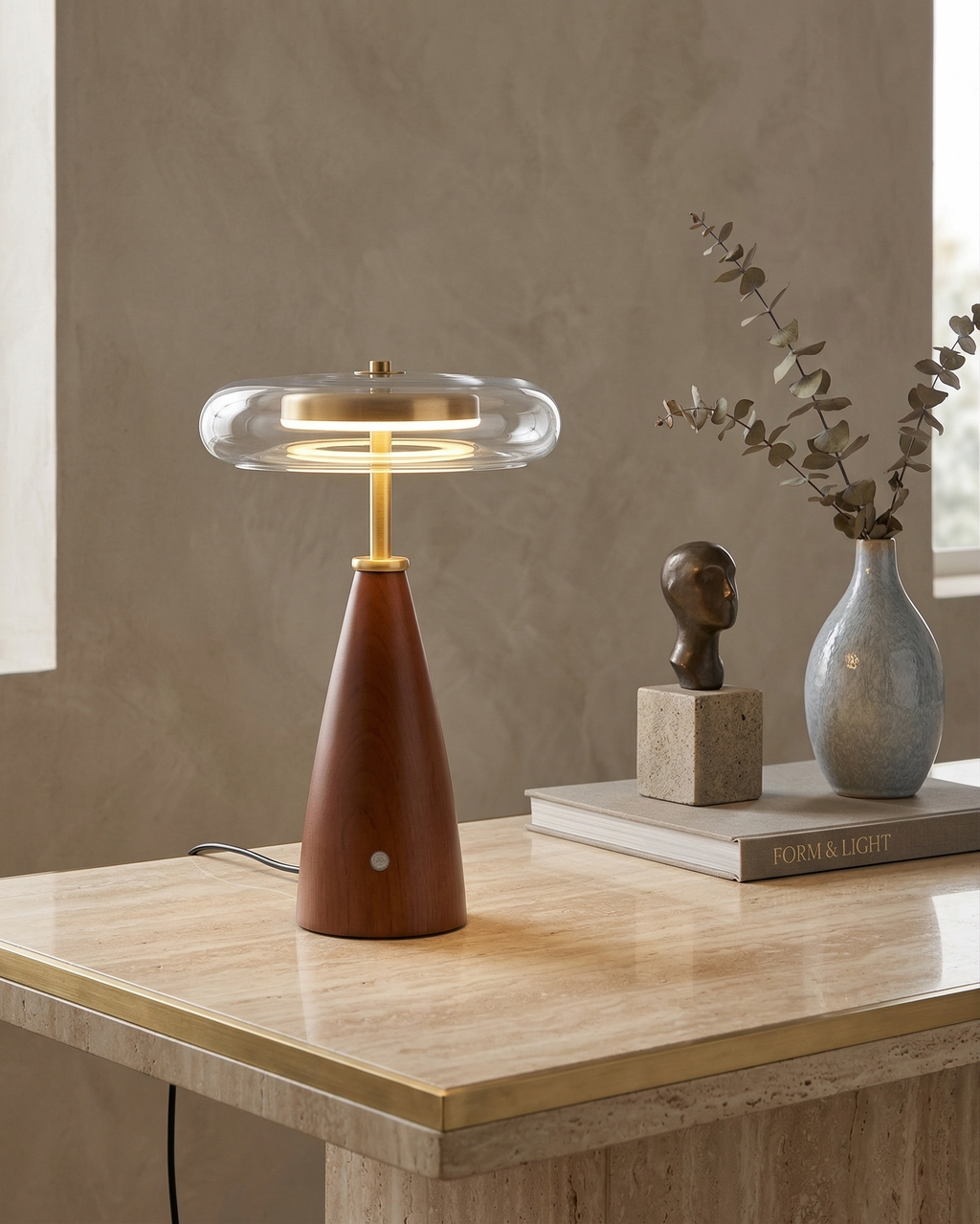 NALU designer table lamp shown on a bedside table in a modern bedroom — DecoHarmonie