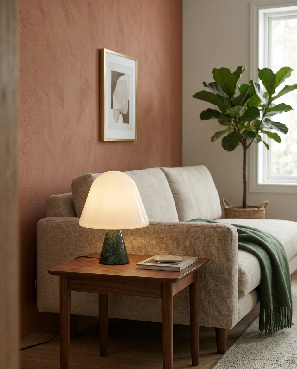 NOKA designer table lamp shown on a bedside table in a modern bedroom — DecoHarmonie