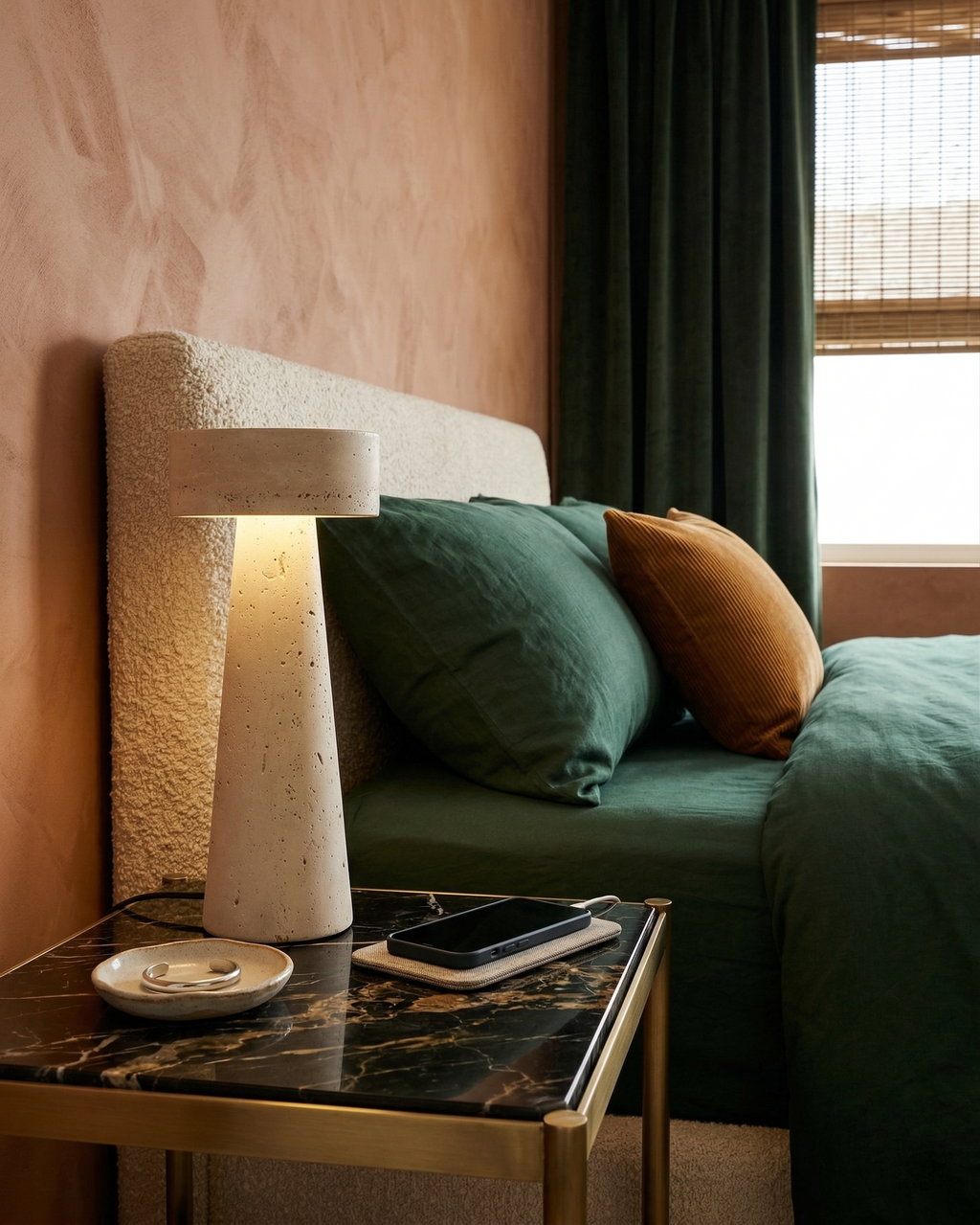BELLO designer table lamp shown on a bedside table in a modern bedroom — DecoHarmonie