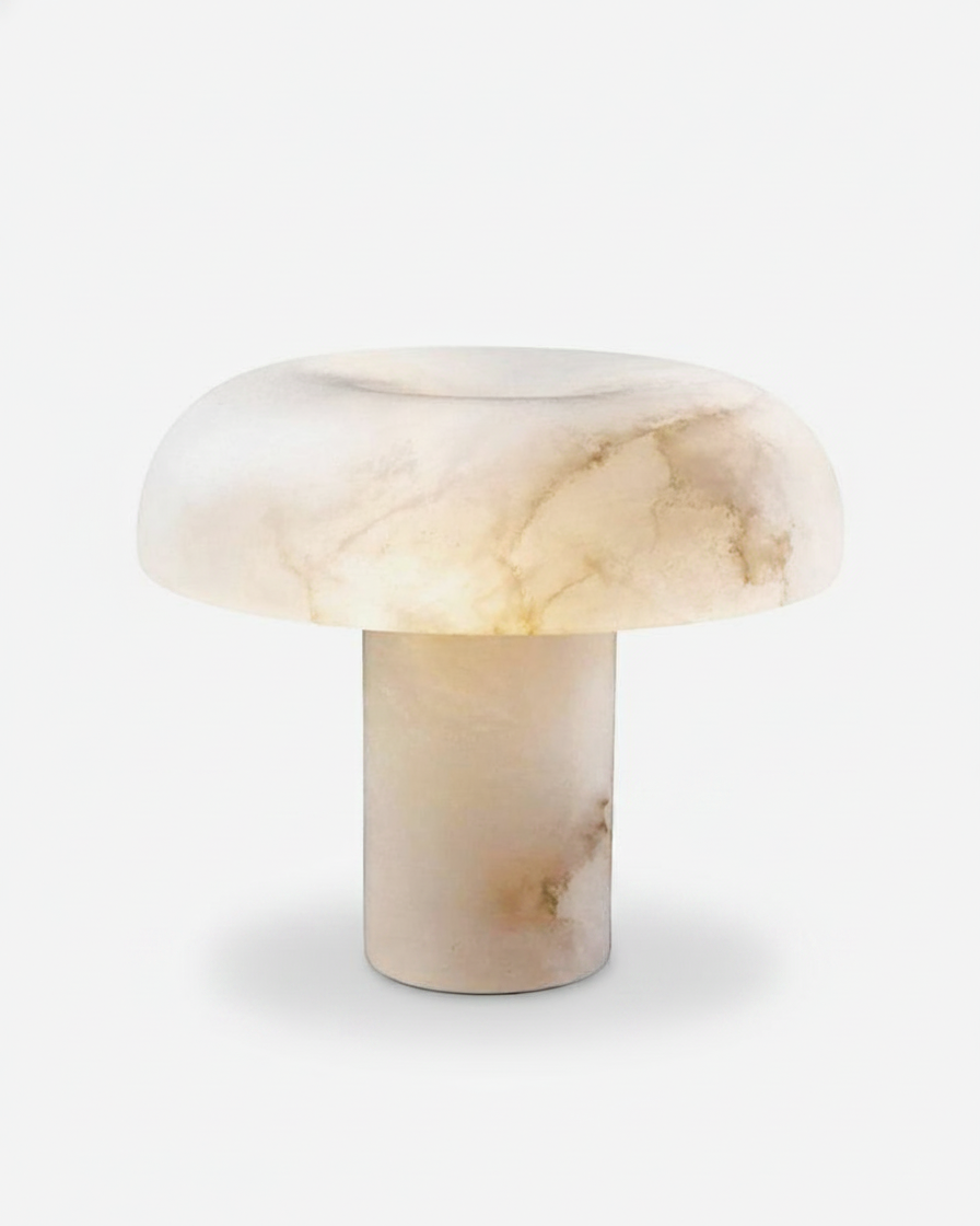 IZO table lamp with veined alabaster mushroom-dome shade on cylinder base, designer monolithic stone | DecoHarmonie