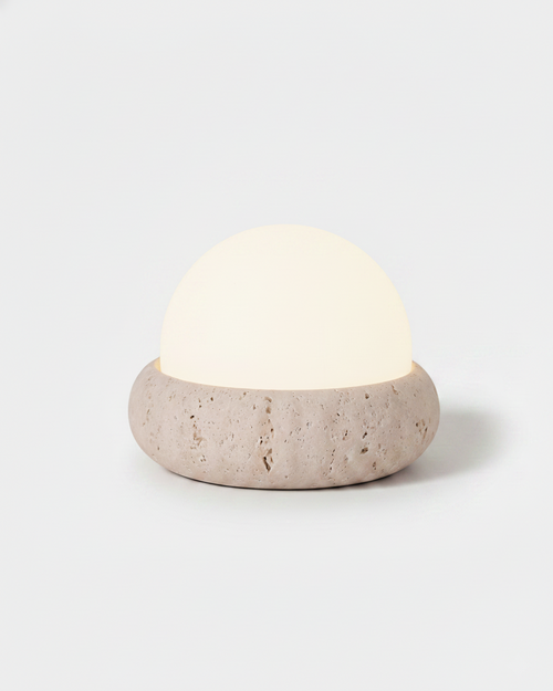 EON cordless table lamp with travertine pebble base and frosted glass half-dome, rechargeable | DecoHarmonie