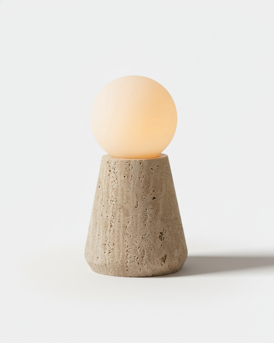ZIRO table lamp with opal glass globe on tapered travertine cone base, designer cordless wabi-sabi style | DecoHarmonie