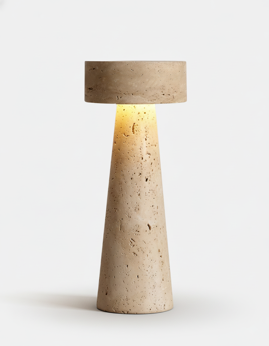 BELLO table lamp carved from solid travertine in tapered monolith shape, designer cordless wabi-sabi | DecoHarmonie