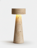 BELLO table lamp carved from solid travertine in tapered monolith shape, designer cordless wabi-sabi | DecoHarmonie