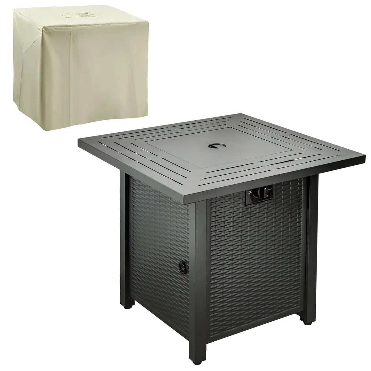 Gas Fire Pit Table Square Propane, 40,000 BTU, 71×71×62cm, Black, Rattan Smokeless with Protective Cover, Lava Rocks and Lid for Patio