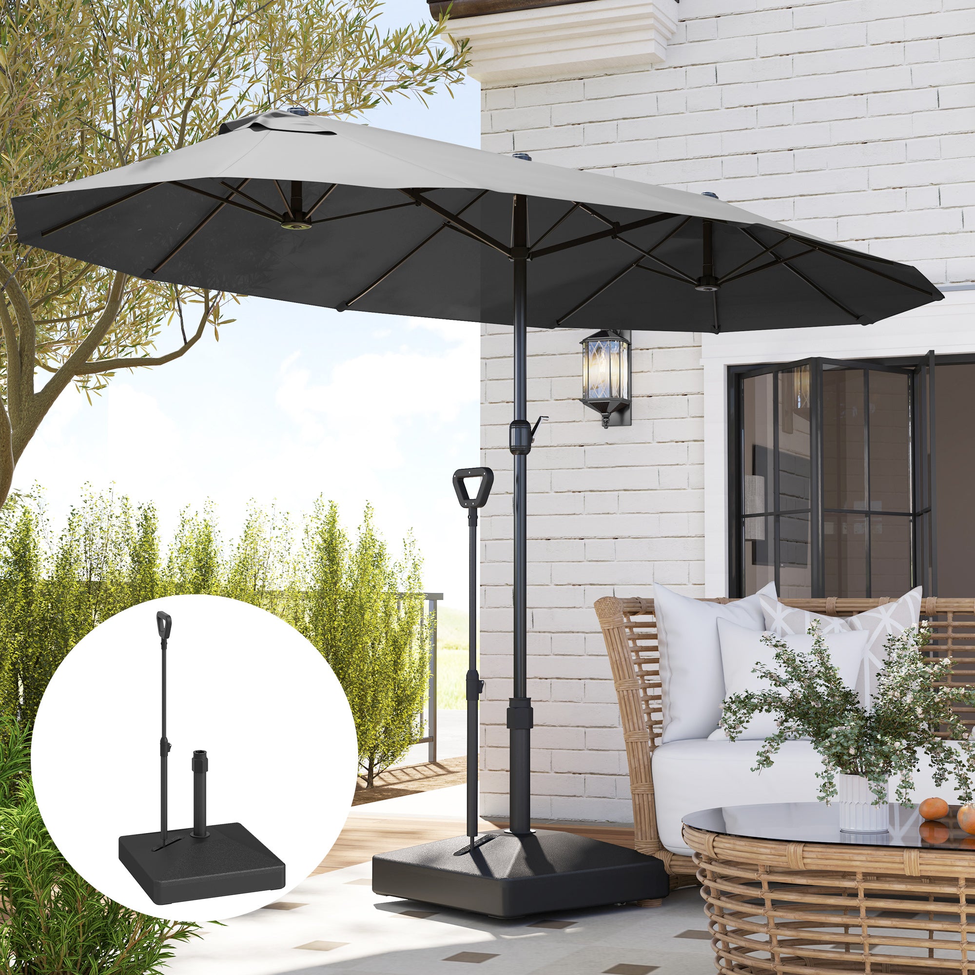 Garden Parasol Base with Adjustable Wheels Handle Filled Up to 55kg with Stand or 45kg with Water for 35mm 38mm 48mm Poles, Black