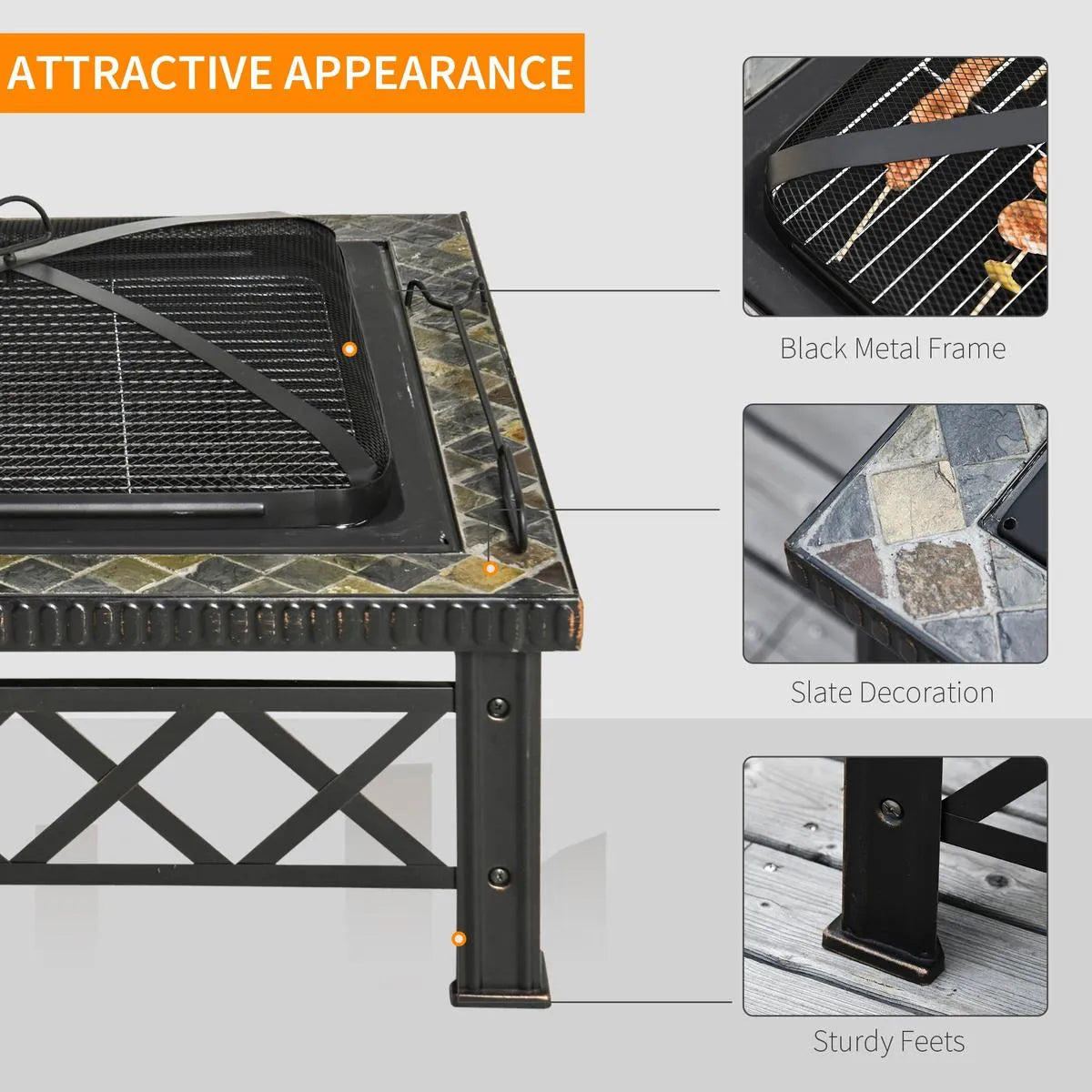 Fire Pit Table Square 3-in-1 Wood Burning Brazier, 76×76×47cm, Black, Outdoor with BBQ Grill, Ice Bucket, Grill Grate, Log Grate, Lid, Poker for Garden Camping Bonfire