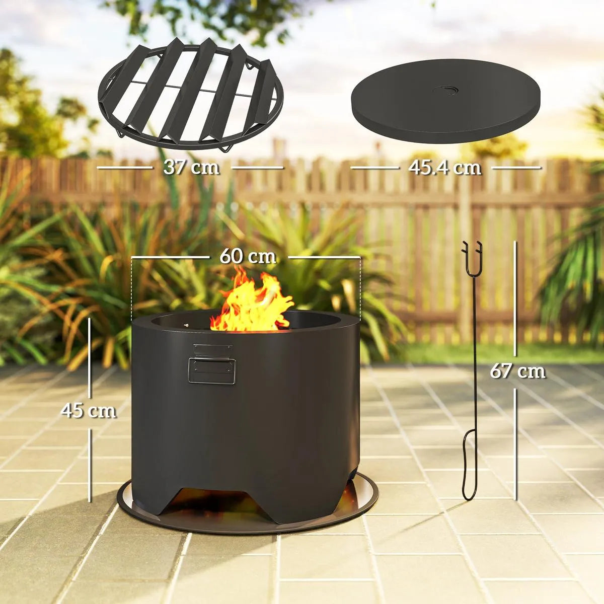 Fire Pit Round Outdoor with Lid and Fire Poker, Black