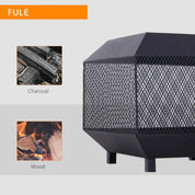 Square Fire Pit Metal Mesh Brazier, 44×44×40cm, Black, Outdoor with Lid, Log Grate, Poker for Backyard Camping Bonfire Wood Burning Stove