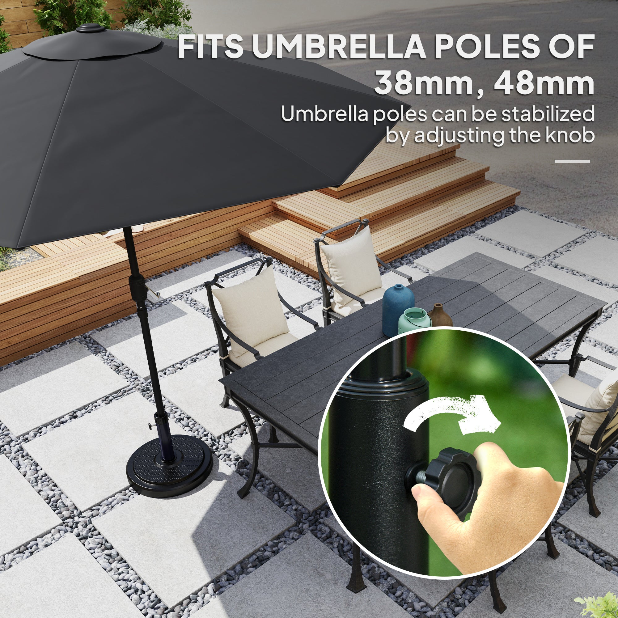 Garden Parasol Base 22kg Round HDPE Sun Umbrella Stand Heavy Duty for 38mm or 48mm Outdoor Poles, Black