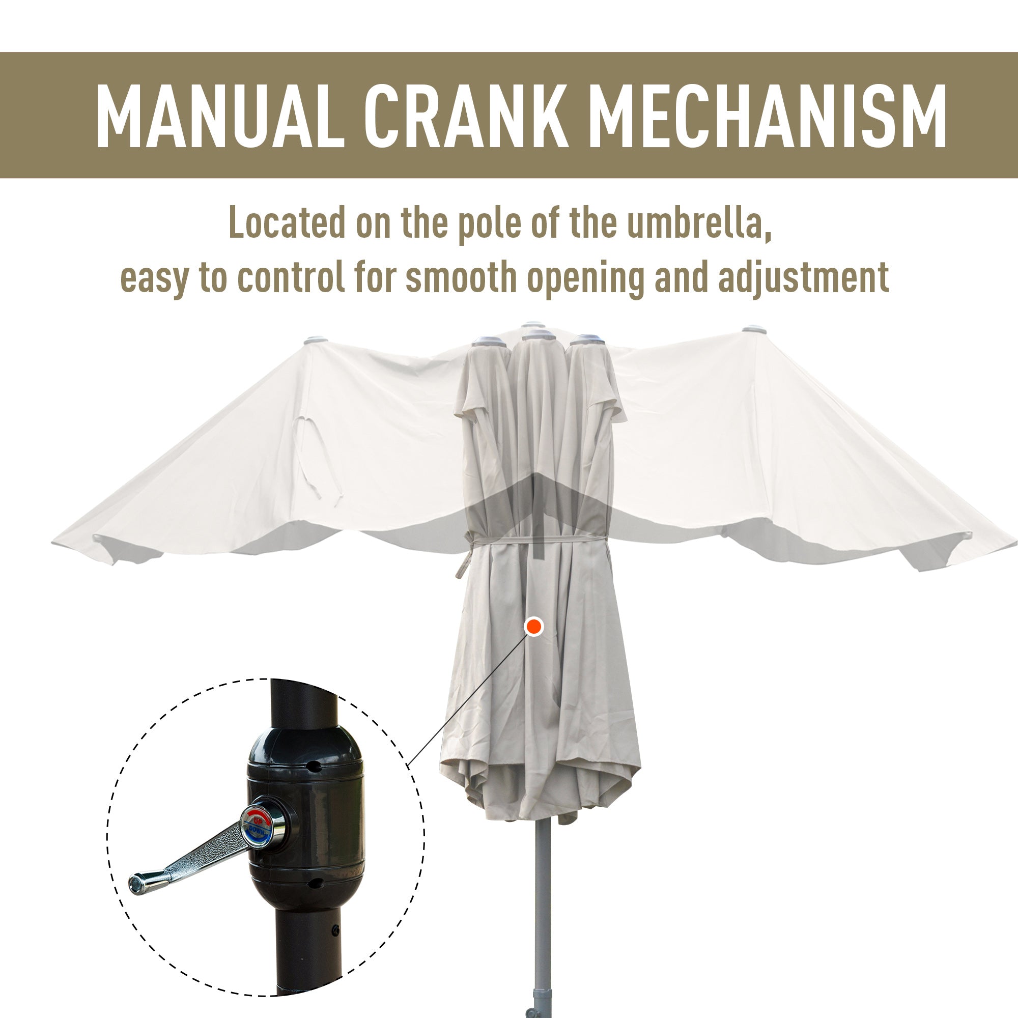 Double-Sided Sun Umbrella Canopy 4.6m Crank Shade with Cross Base, Khaki
