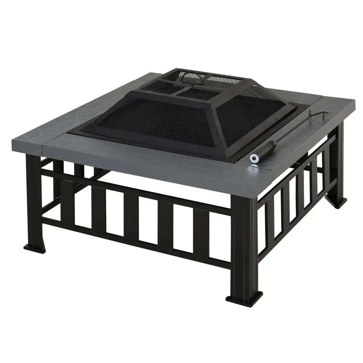 Square Fire Pit Metal Brazier, 86×86×54cm, Black, Outdoor with Rain Cover, Lid, Log Grate, Poker for Backyard Camping BBQ Bonfire Wood Burning Stove