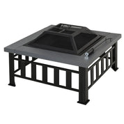 Square Fire Pit Metal Brazier, 86×86×54cm, Black, Outdoor with Rain Cover, Lid, Log Grate, Poker for Backyard Camping BBQ Bonfire Wood Burning Stove