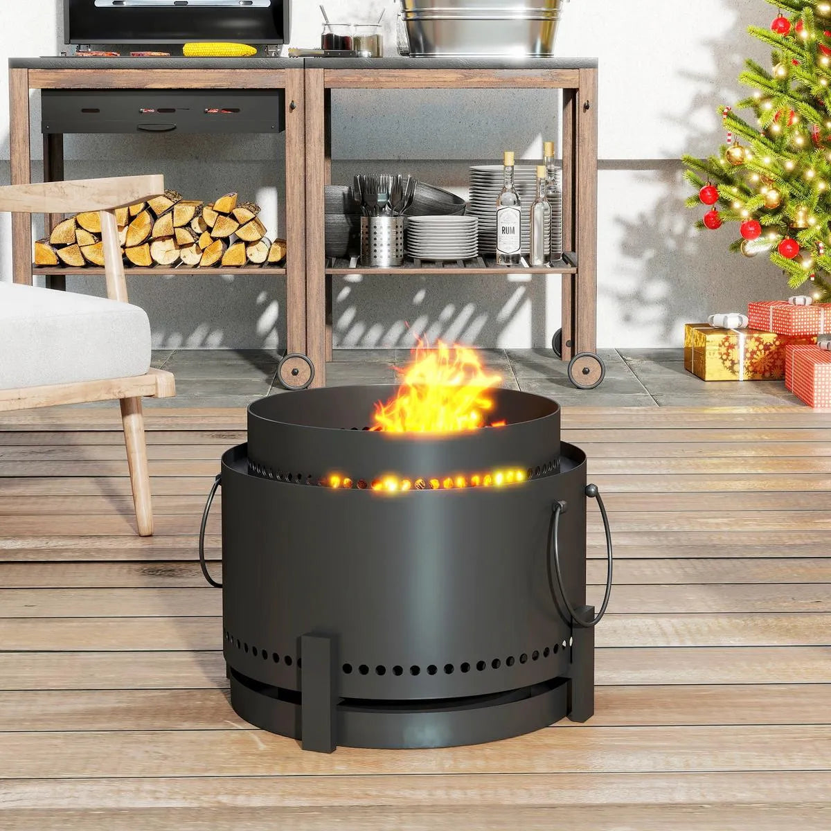 Smokeless Fire Pit Portable Wood Burning with Ash Catcher, 37cm, Dark Grey with Poker for Garden Camping Bonfire Party