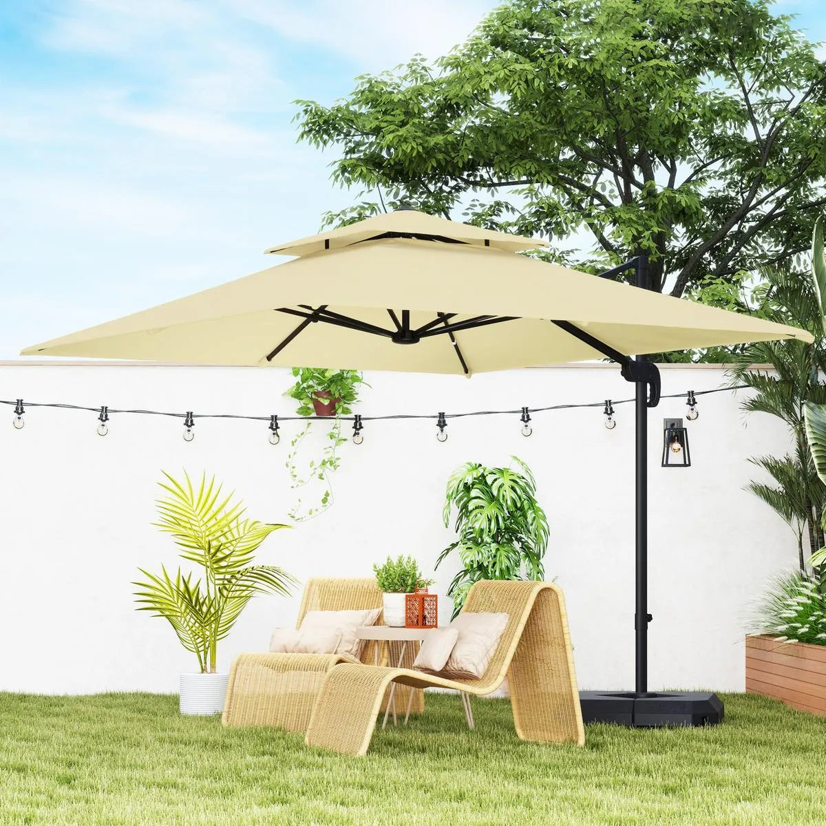 Cantilever Parasol 2.7x2.7m Aluminium Frame Crank Tilt 360° Rotation Double Top Garden Umbrella with Base and Cover, Khaki