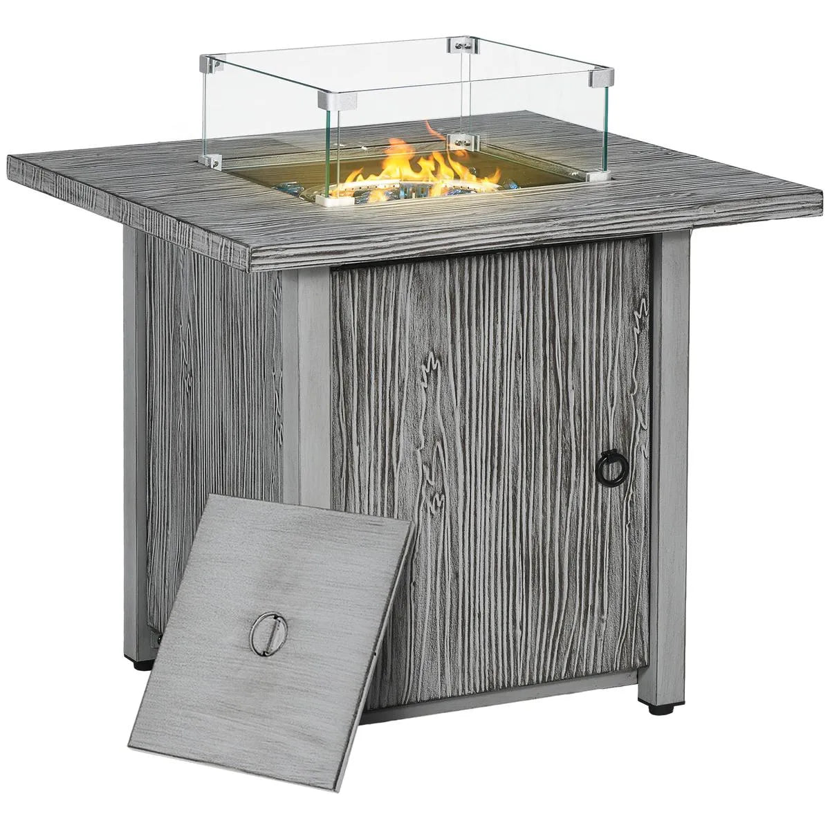 Gas Fire Pit Table, 50,000 TB, 71cm, Grey with Cover and Glass Screen